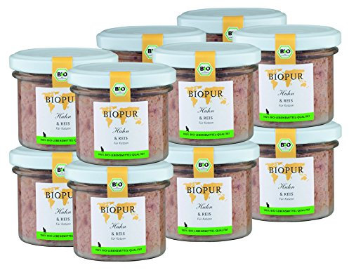 BIOPUR Tiernahrung Bio Katzenfutter Huhn & Reis für Katzen 12x100g