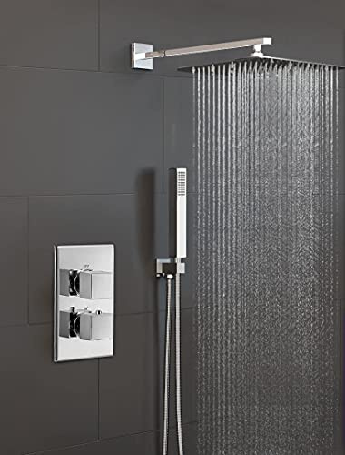 Nes Home | Lily Square Thermostatic Concealed Mixer Brass Valve 2 Dial 2 Outlet + 200mm Thin Shower Head & Arm + Shower Handset & Bracket & Hose