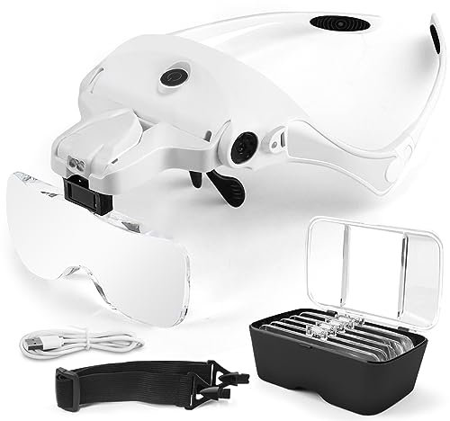 AUTOPkio Lupenbrille mit Licht LED Kopfbandlupe USB Charge, verstellbare Hände Headset Lupe mit 2 LED Licht Leichte Stirnband Lupe Gläser für Reparieren, 5 Linsen 1.0X, 1.5X, 2.0X, 2.5X, 3.5X