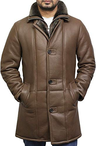 BRANDSLOCK Herren Schaffell Lammfell Leder Warm Duffle Trench Coat