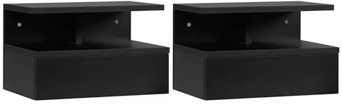 HOMCOM Set med 2 väggsängbord, hängande nattduksbord med skjutlåda, öppet fack, bricka, modern stil, för sovrum, 35 x 32 x 22,5 cm, svart