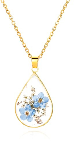MOLUONAQI Collar de flores de nacimiento, joyería Forget Me Not, collar de flores prensadas, collar de flores del mes de nacimiento, collar de flores, collares hechos a mano - 18 pulgadas, Resina, No