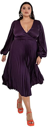 Lovedrobe Pleated Midaxi Dress Ladies Evening Gown V Neckline Back Keyhole Long Sleeve Bishop Satin A Line Purple Size 18