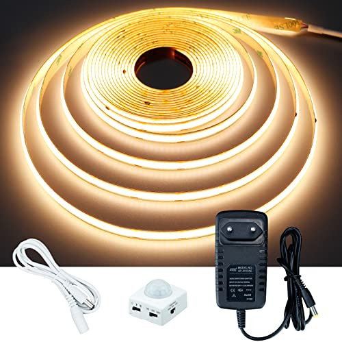 GOMING 12V 5M COB LED Streifen mit Bewegungsmelder Netzteil Warmweiß 3000K | LED Strip IP20 Nicht Wasserdicht LED Band Selbstklebend für Treppen Kinderzimmer Schränke Bettlampenbeleuchtung