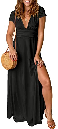 QUNERY Abiti Donna Estivi Casual Vestiti Lunghi Donna Estivi Manica Corta Vestito Donna Elegante Scollo a V Linea ad A con Spacco Maxi Abito Nero M