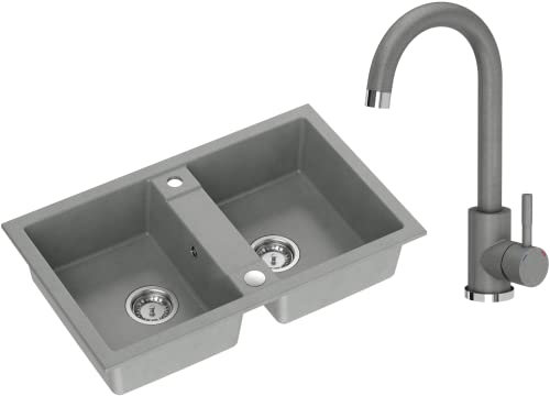 VBChome Spülbecken mit Armatur 78 x 48 cm Grau Doppelschüssel Granit Rechteckig Einbauspüle Gesprenkelt Großes Tiefes Becken Granitspüle + Siphon + Armatur