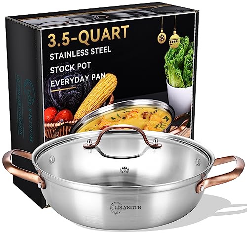 LOLYKITCH Schmorpfanne Hoher Rand Edelstahl - 30 cm mit Deckel/3.5 L | Edelstahl Unbeschichtet Sautepfanne & Schmortopf, ohne PTFE und PFOA,für Alle Herde mit Gleichmäßiger Wärmeve rteilung