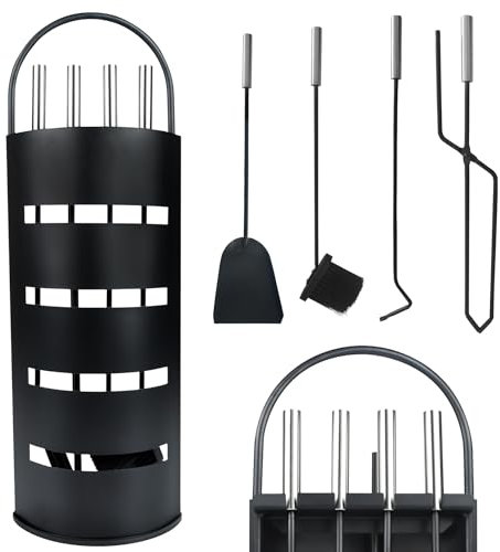 XINZI Serviteur de cheminée 5 pièces noir moderne avec balai, pelle, tisonnier, pince et support en acier inoxydable - Kit de nettoyage de cheminée pour le nettoyage des cheminées, poêles, foyers
