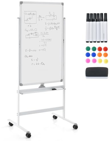 GYMAX Lavagna Magnetica con 4 Ruote, Lavagna Bifacciale con Set di Accessori, Cancellabile a Secco, Lavagna Mobile Regolabile in Altezza, per Scuola, Ufficio, Casa (60 x 100cm, Bianco)