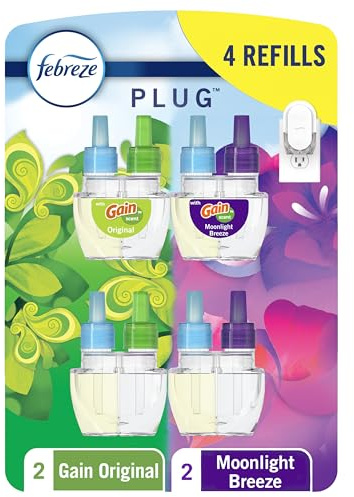 Febreze Plug In Air Freshener, Odor-Fighting Scented Oil Refill, For Home, Bathroom, & Kitchen, Long Lasting, Gain Moonlight Breeze and Gain Original Scents, 0.87oz Refills, 4 Count (2 of Each Scent)