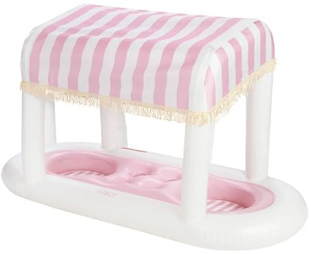 FUNBOY Giant Floating Pink Cabana Stripe Drink Station, Removable Fabric Shade with Fringe, Perfect for Parties, Table-Top Decorations and in-Pool Refreshments.