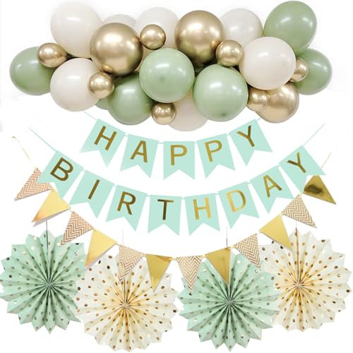 Green Birthday Decorations,Happy Birthday Banner ,Sage Green Gold Balloons Garland With Balloon Arch Tape, Bunting and Hanging Paper Fans,Party Decoration for Men Women