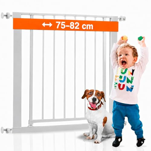 ALMAR Baby Barrera de Seguridad 75-82cm Blanco | Facil Montaje sin Tornillos para Puertas, Pasillos o Escalera para Niños o Mascotas | Valla Blanca con Sitema de Cierre Automático Giro Ambos Lados
