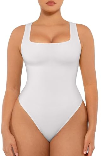 FeelinGirl Bodysuits for Women Square Neck Tummy Control Tank Tops Bodysuit for Women Compression Bodysuit White M/L