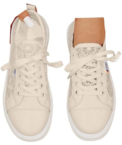 VBEDKDEB Sneaker da donna bianche estive leggere morbide bianche sneakers nere casual scarpe piatte alla moda traspiranti scarpe da ginnastica scarpe da sposa con pizzo ricamato, cachi, 38 EU