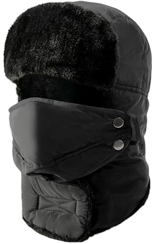 GIONAR Pelz-Trapper-Mütze mit Maske, winddicht, wasserdicht, russische Mütze für Damen und Herren, Fliegermütze, warm, Schnee, Ski, Jagd, Trapper Trooper, Schwarz , 48