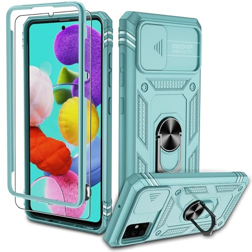 Pilaru Stoßfeste Handyhülle für Samsung Galaxy A51 4G Hülle, Grün | Mit Schutzfolie, Kameraschutz Schutzhülle, 360°Drehhalter Ring Kratzfest Militär Handy Hüllen für Samsung A51 4G Cases