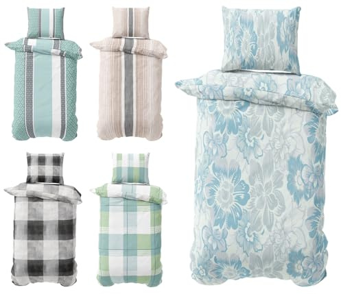 Visaggio Biber Bettwäsche 155x200 cm Feinbiber Bettbezug Winterbettwäsche Schlafzimmer Set geblümt Blau Beige