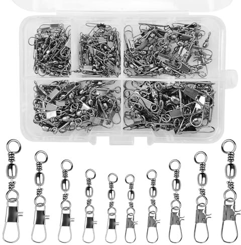 ZWQLZG 150 Stück Angelzubehör Wirbel Angeln, Angelwirbel Mit Kugellagerwirbel, Edelstahl Wirbel, Angeln Drehgelenk, kugellager Wirbel Angeln Snap 5 Größe 6# 8# 10# 12# 14# (Type B)