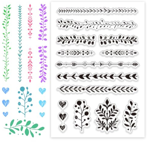 PH PandaHall Journal Border Stempel Spitze Linien Clear Stempel Blatt Transparenter Stempel Schreiblinie Silikonstempel Blume Herz Gummistempel für DIY Scrapbooking Foto Dekor 16x11cm