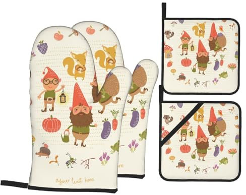Ofenhandschuhe und Topflappen-Set, lustige Zwerge, Kreis, Herbst, hitzebeständig, Küchen-Backhandschuhe, rutschfeste Oberfläche zum Kochen, Backen, Grillen, Grillen