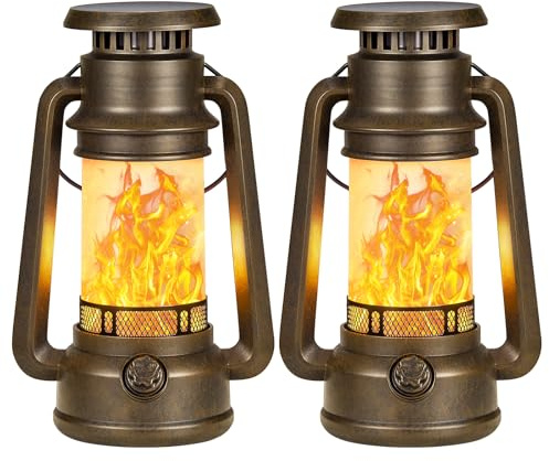 RECHOO Solarlampen für Außen Hängend, 2 Stück Vintage Solar Laternen für Draußen LED mit Flammeneffekt Solarlampen, IP65 Wasserdicht Solarleuchten Balkon Tisch Garten Camping Deko