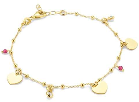 MIORE Schmuck Handgefertigt in Italien, Charm Armband Damen Gold 14k 585 Gelbgold 18 cm oder Armband Damen Silber 925 Vergoldet 18K Gold 19cm mit Herz Charm Anhängers, Bettelarmband Herz, Armschmuck