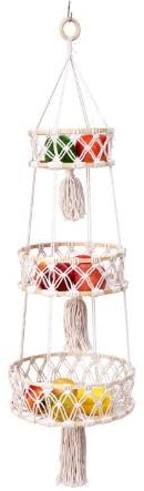 Jasfyee 3 Tier Hanging Fruit Basket for Kitchen, Natural Cotton Rope Basket for Fruit & Vegetables, Space-Saving Hanging Basket Fruit and Vegetable Storage, Boho Decor