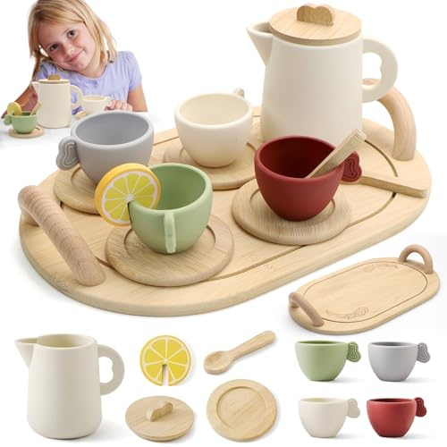 Teeservice Kinder Holz, Teeservice Kinder Silikon 13 Stücke, Rollenspiele Spielzeug, mit Teetassen Teekanne und Untertassen Sets, Geschenk für Mädchen Jungen