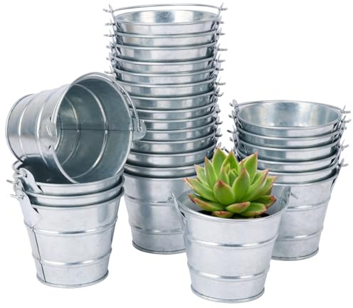 IHDYPPEW 25 Pack 3 Inch Small Galvanized Metal Buckets with Handles, Mini Tin Pails for Party Favors, Succulents, Rustic Home Decor