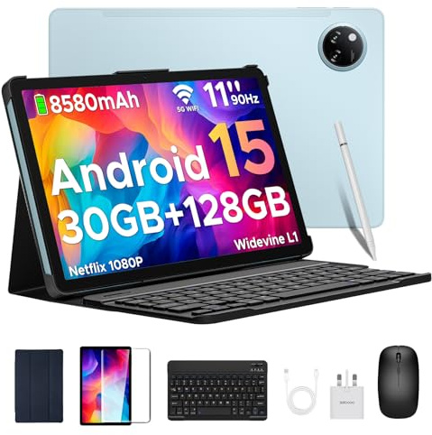 DOOGEE Tab A9 Pro+ Android 15 Tablet, 11 Inch Tablets with 90Hz Display, 30GB RAM+128GB ROM/2TB, 8580mAh Android Tablets, Tablet with Keyboard/Pen/Mouse/Case, Widevine L1, Dual Speaker/Face ID/OTG
