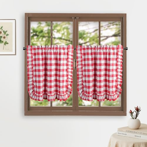 HiSnug 2er Set Scheibengardine Bistrogardine Landhaus Modern Kurzstores Küchengardine Kaffee Kurzvorhang Rote/Weiß Breit Kariert Kleinfenster mit Spitze Kurz H60 x B65 cm