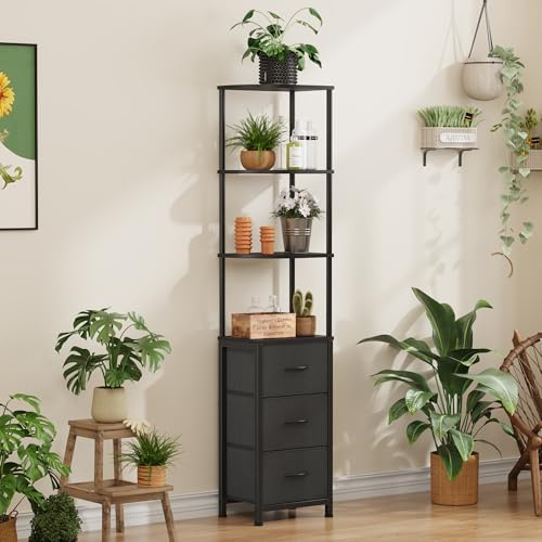 OYRREU Libreria angolare con 3 cassetti in tessuto, scaffale angolare alto e stretto per camera da letto, soggiorno, unità stretta con spazio contenitivo, Nero, 172 cm