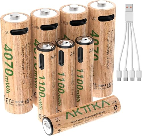 AKTTKA Piles Rechargeables AA et AAA au Lithium 1,5 V, 4× AA 4070 mWh + 4× AAA 1100 mWh, Recharge USB-C avec Câble 1-à-4, pour Télécommande, Balance, Thermomètre, Manette