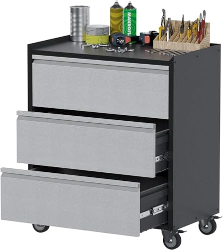 PortoAlegre Armoire à outils avec 3 tiroirs - Armoire de rangement mobile en métal avec roulettes - Pour garage, atelier, maison, bureau, magasin, entrepôt, 90 x 77 x 46 cm - Gris