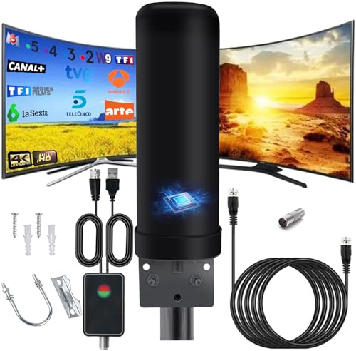 Antena de TV Exterior Interior, IP66 Antena HDTV de Recepción de Señal en 360 Grados con Cable Coaxial 13m, Amplificador de Señal y Protegido contra Rayos para FM, VHF, UHF HD 1080P 4K VHF DVB-T DTMB