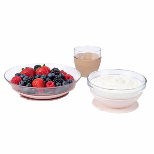BÉABA & Duralex, Children’s Glass Meal Set – Plate, Bowl & Cup with Silicone Suction Base, Ergonomic, Evolving, Healthy, Durable, Made in France, Candy Pink