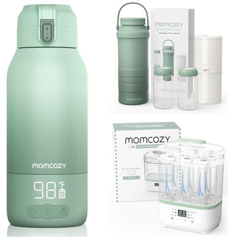 Momcozy Tragbarer Flaschenwärmer Baby für unterwegs, 500ml Kapazität & Tragbarer Muttermilchkühler für draußen (628 ml) & Elektrischer Dampfsterilisator für Babyflaschen – 3-in-1 Sterilisiert