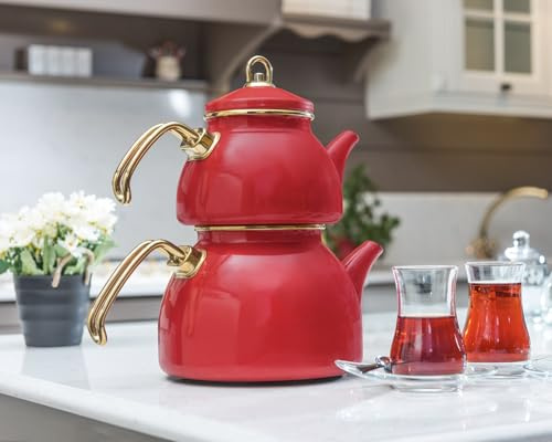 Théière turque de 1,1 L - Revêtue d'émail - Design rétro - Combinée avec une bouilloire de 2,3 L - Compatible avec plaque à induction - Idéale pour infusion de thé – LPP GRANDEUR 09