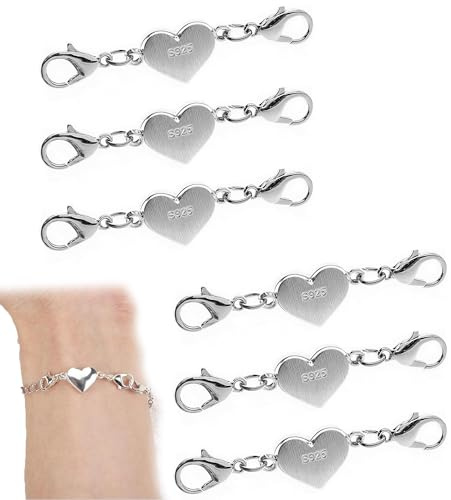 LEOUEANR 6Pcs 925 Sterling Silver Heart Magnetic Clasps, Secure Chain Connectors, Tarnish-Resistant Silver Construction, for Adult Jewellery Making & Repair Projects