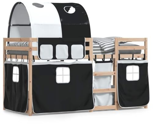 Qnhdfrt Etagenbett 90x200 cm aus massivem Kiefernholz, Kinderbett mit Rausfallschutz und Vorhängen, Spielbett für Kinderzimmer, Naturholz unbehandelt, Weiß und Schwarz