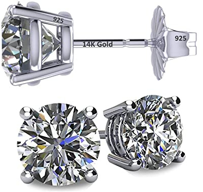 Central Diamond Center 14K Solid Gold Post & Sterling Silver Made with Swarovski 4 Prong CZ Stud Earrings - Platinum Plated - 5.25mm - 1.00cttw
