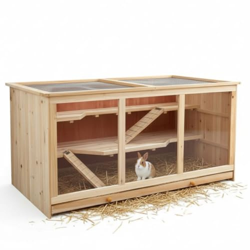 Mucola Kleintierkäfig 117x63x58 cm Kleintiergehege 3 stöckig Holz Hamsterkäfig inklusive aufklappbarem Deckel und Rampen Nagervilla Mäusekäfig Hasenstall