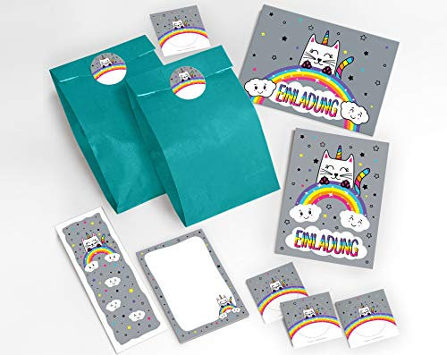 JuNa-Experten 8 Einladungskarten zum Kindergeburtstag Katze-Einhorn für Mädchen/Unicorn incl. 8 Umschläge, 8 Tüten/blau, 8 Aufkleber, 8 Blöcke, 8 Lesezeichen