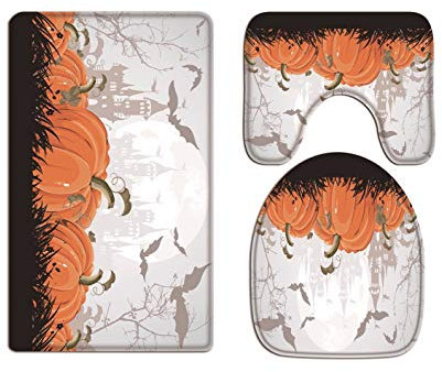 A.Monamour Badezimmer Badematte 3 Teilig Set Halloween Orange Kürbis Vollmond Frequentierte Schlossskizzenbildkunst Flanell Saugfähig Badteppiche Badvorleger Badgarnitur WC Vorleger