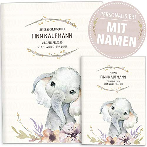 OLGS U-Heft und Impfpass Hülle Wildnis Safari Tiere | Untersuchungsheft- und Impfpasshüllen, schöne Geschenkidee personalisierbar mit Namen (Uhefthülle, Impfpasshülle personalisiert, Elefant)