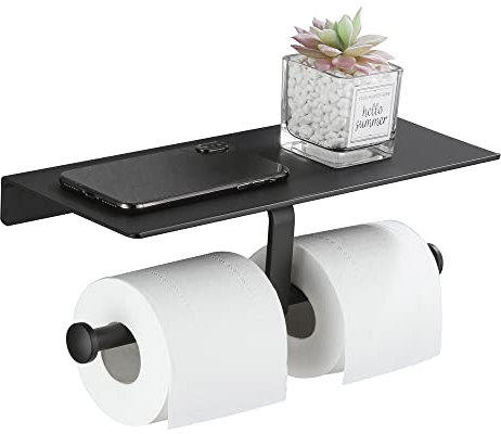 Gricol Porte Rouleau de Papier Toilette Hygiénique sans Perçage avec Etagère de Téléphone Portable Support Mural Double pour Salle de Bains (Noir)