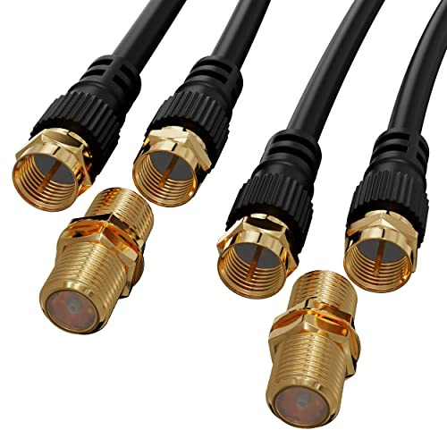 ConnectingU® Twin Pack 2m Black Satellite Coaxial Cable Kit (Virgin Media & Sky Compatible) - Male to Male Cable with F-Type Connectors Bundled with an F-Type Female to Female Coupler