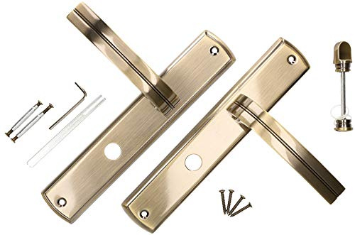 KOTARBAU® Juego de manillas para puerta de baño, Manilla con pestillo en Zamak 90 mm, Manijas de puerta de placa rectangular larga, Manetas interior y exterior, Picaportes acabado cuero, Oro viejo