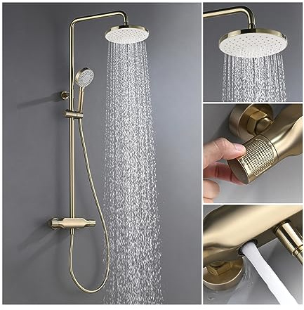 GLYYRLR 10 Zoll Duschsystem Gebürstetes Gold Duschset Messing Duscharmatur Regendusche Wandhalterung Duschsäule Duscharmatur mit 3 Funktionen Handbrause, Badewanneneinlauf, Duschkopf